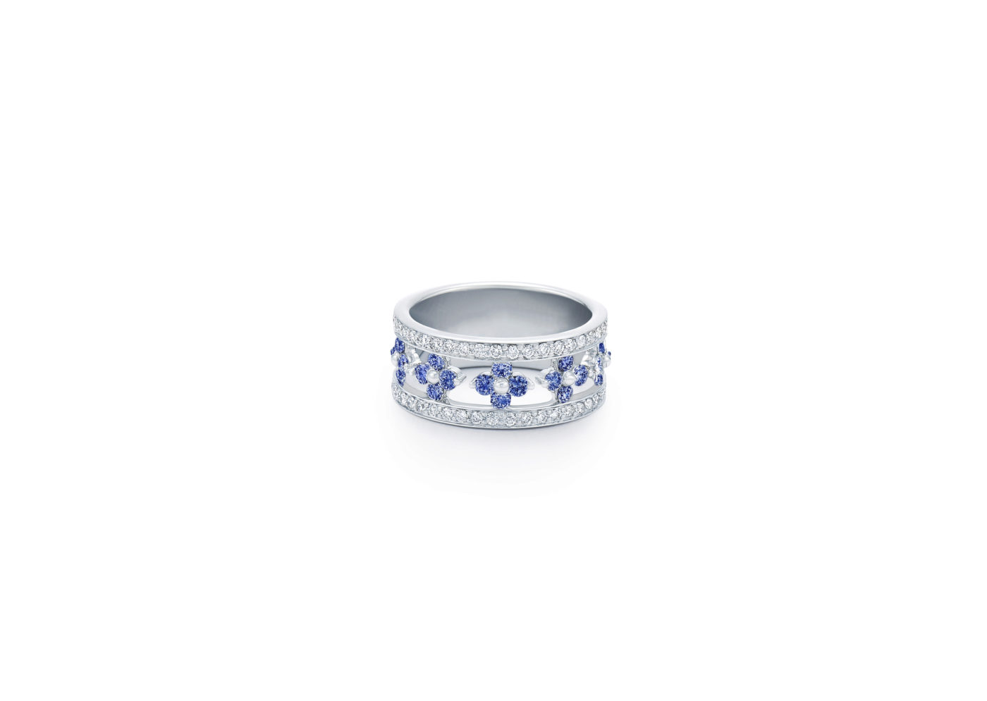 Jasmine Ring with Diamonds and Sapphires, Partway in 18K White Gold Kwiat