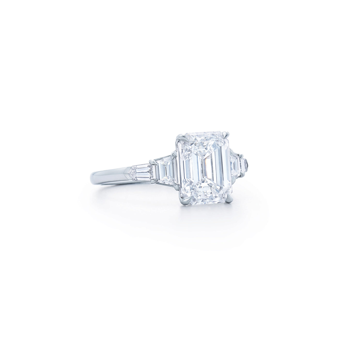 Emerald Cut Diamond Engagement Ring with Trapezoid and Bullet Side